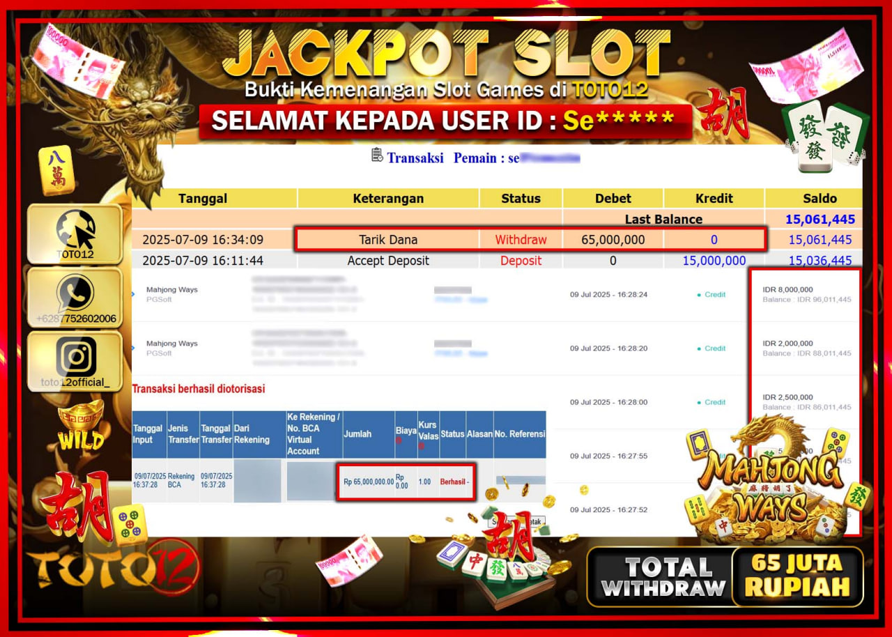 HANYA DI TOTO12 JP PASTI DI BAYAR LUNAS DAN CEPAT!!!!!! JACKPOT SLOT GAME (MAHJONG WAYS) Rp.65.000.000 !!!!