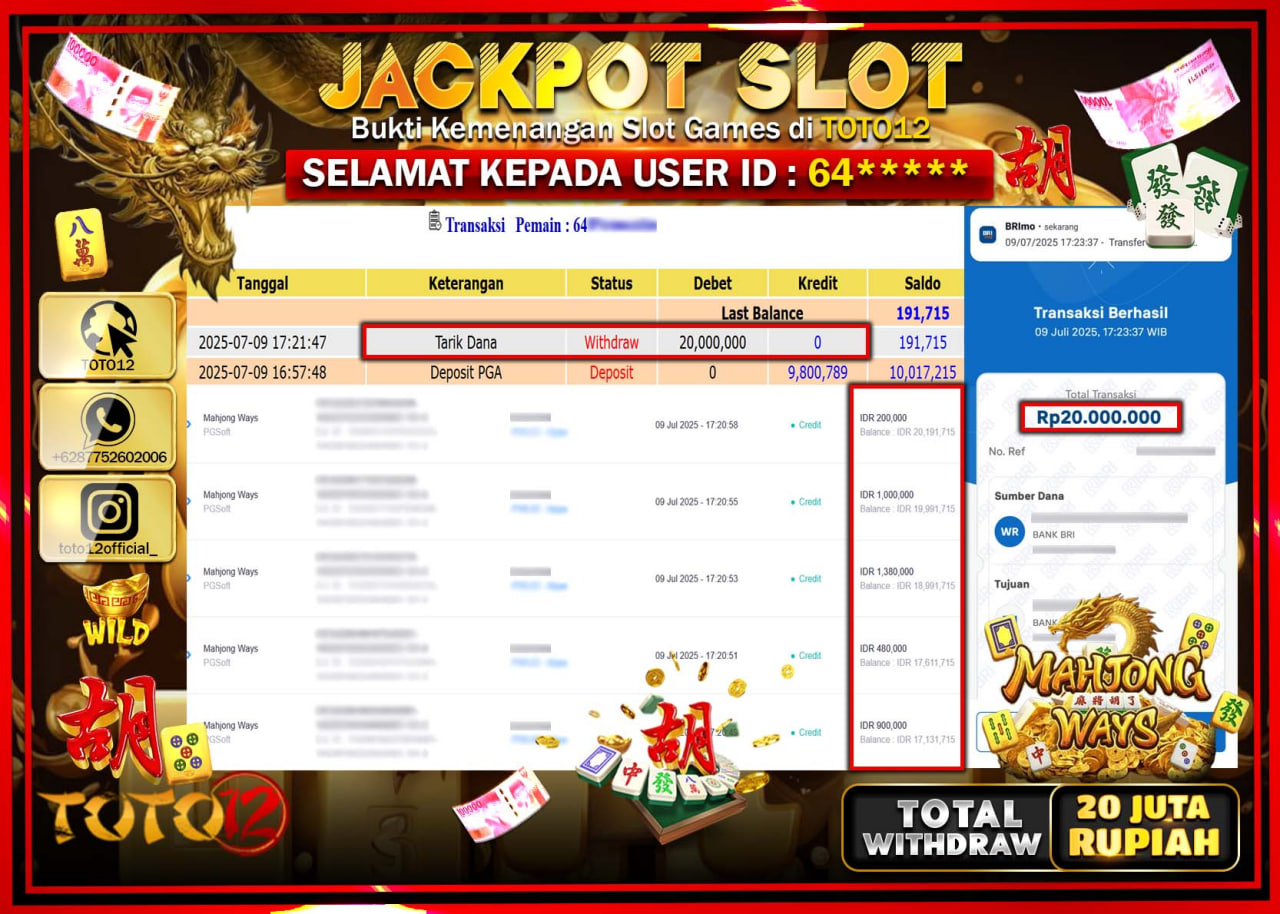 HANYA DI TOTO12 JP PASTI DI BAYAR LUNAS DAN CEPAT!!!!!! JACKPOT SLOT GAME (MAHJONG WAYS) Rp.20.000.000 !!!!
