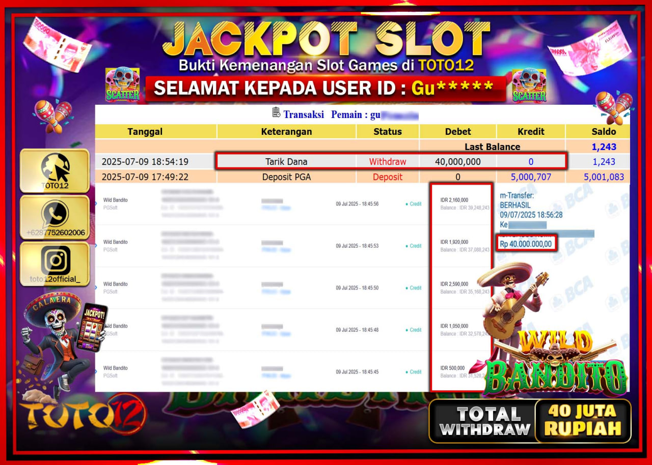 HANYA DI TOTO12 JP PASTI DI BAYAR LUNAS DAN CEPAT!!!!!! JACKPOT SLOT GAME (WILD BANDITO) Rp.40.000.000 !!!!