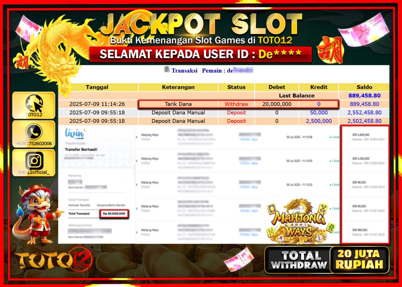HANYA DI TOTO12 JP PASTI DI BAYAR LUNAS DAN CEPAT!!!!!! JACKPOT SLOT GAME (MAHJONG WAYS) Rp.20.000.000 !!!!