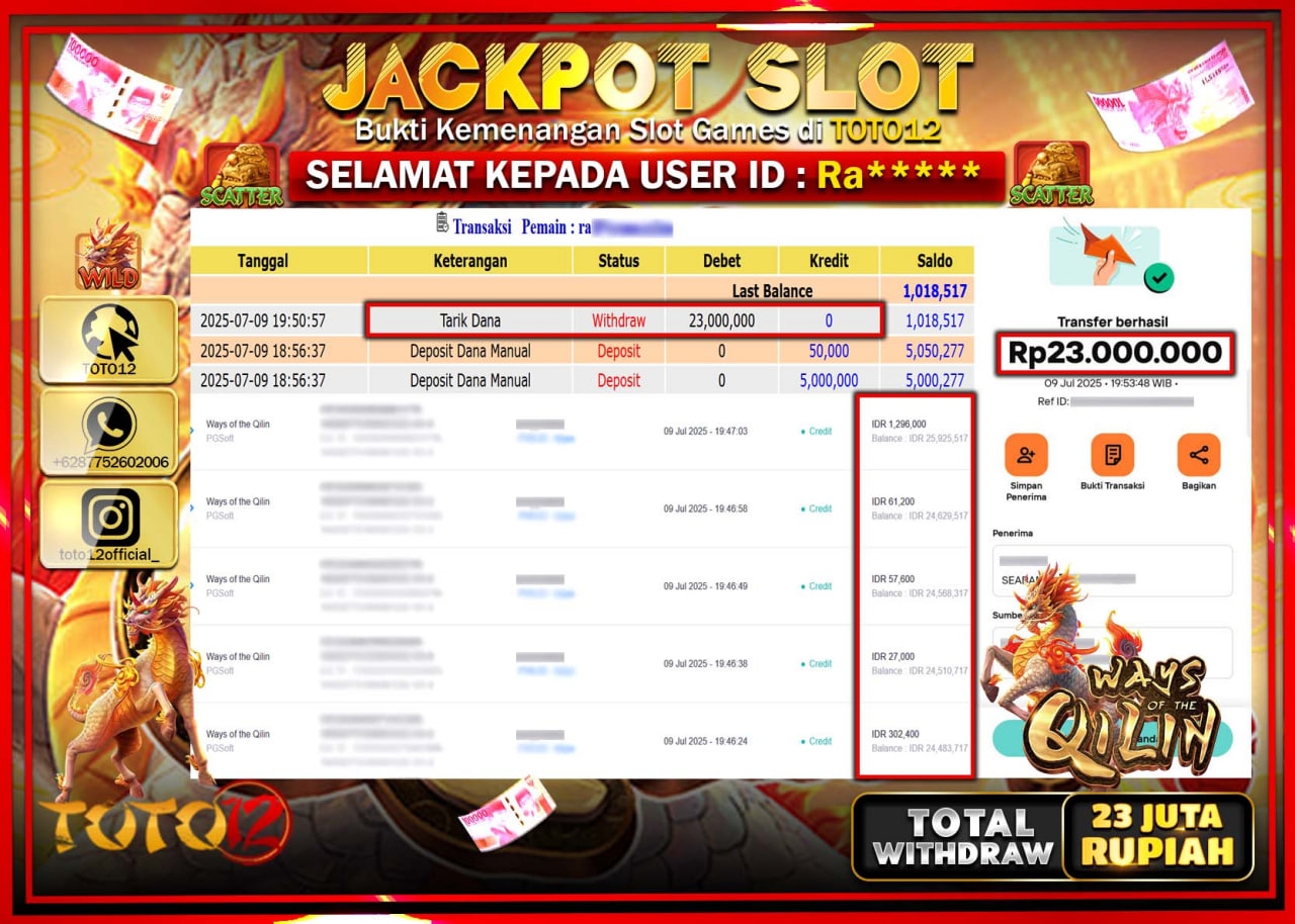 HANYA DI TOTO12 JP PASTI DI BAYAR LUNAS DAN CEPAT!!!!!! JACKPOT SLOT GAME (WAYS OF THE QILIN) Rp.23.000.000 !!!!