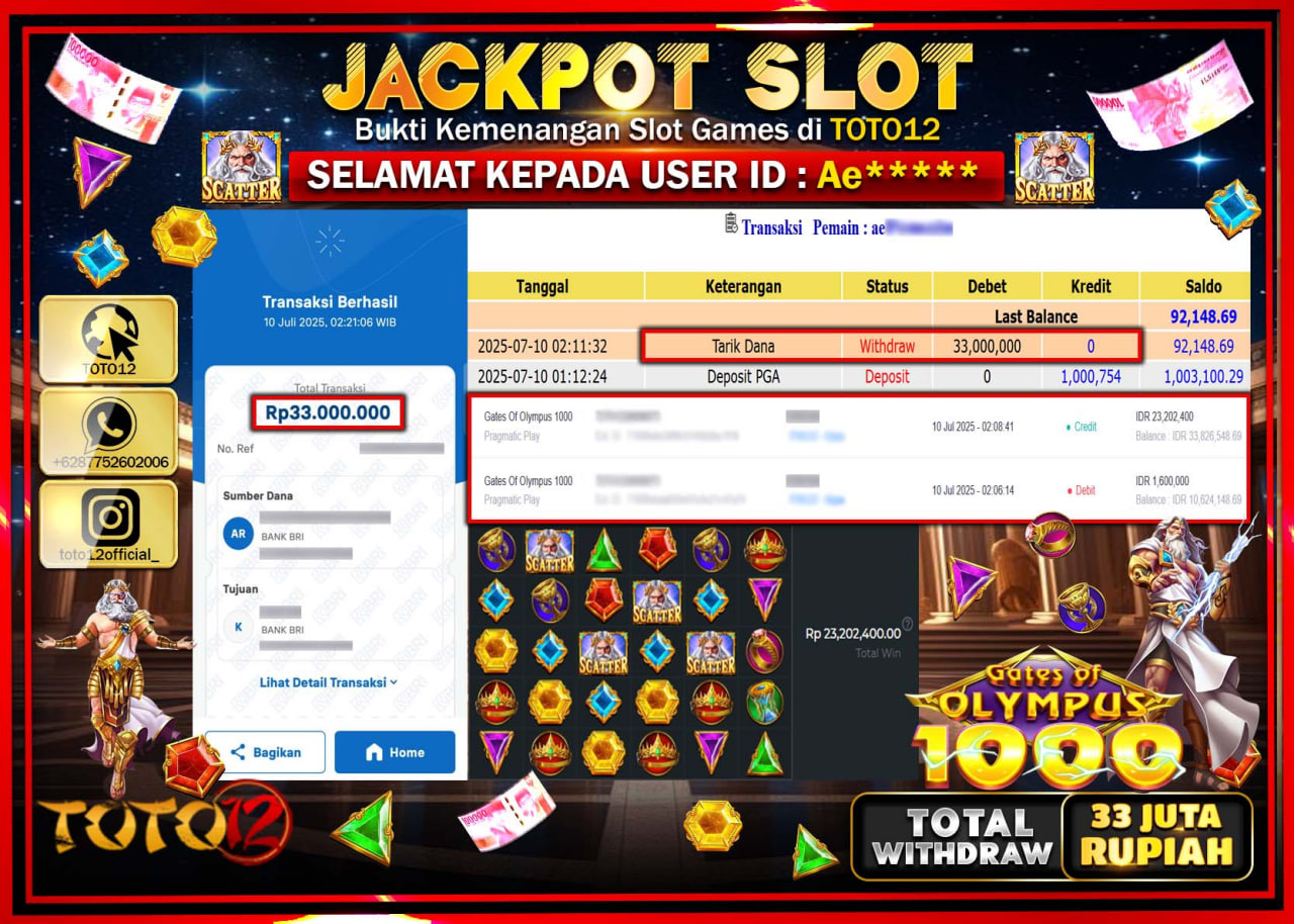 HANYA DI TOTO12 JP PASTI DI BAYAR LUNAS DAN CEPAT!!!!!! JACKPOT SLOT GAME (GATES OF OLYMPUS 1000) Rp.33.000.000 !!!!