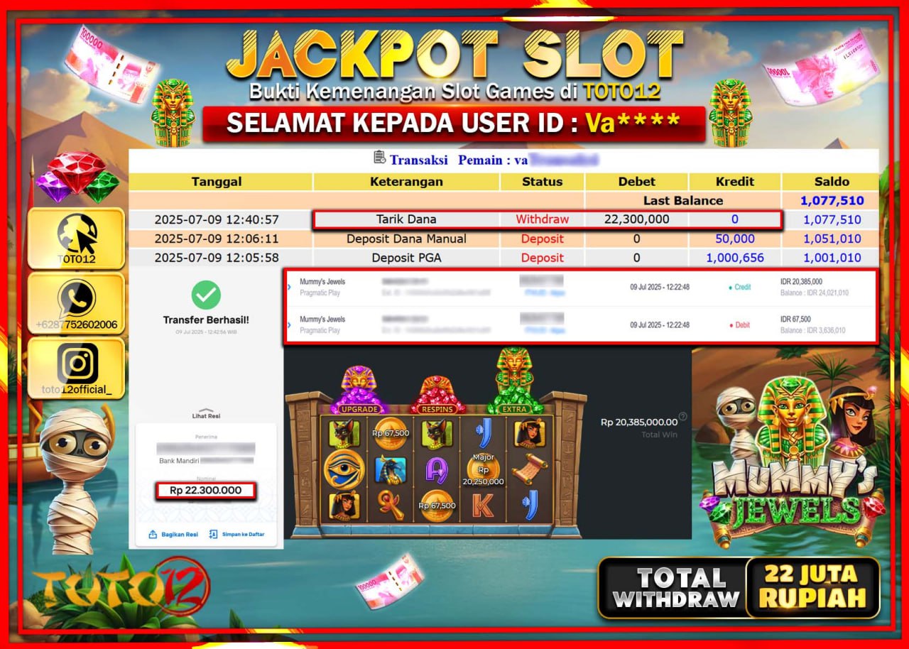 HANYA DI TOTO12 JP PASTI DI BAYAR LUNAS DAN CEPAT!!!!!! JACKPOT SLOT GAME (MUMMYS JEWELS) Rp.22.000.000 !!!!
