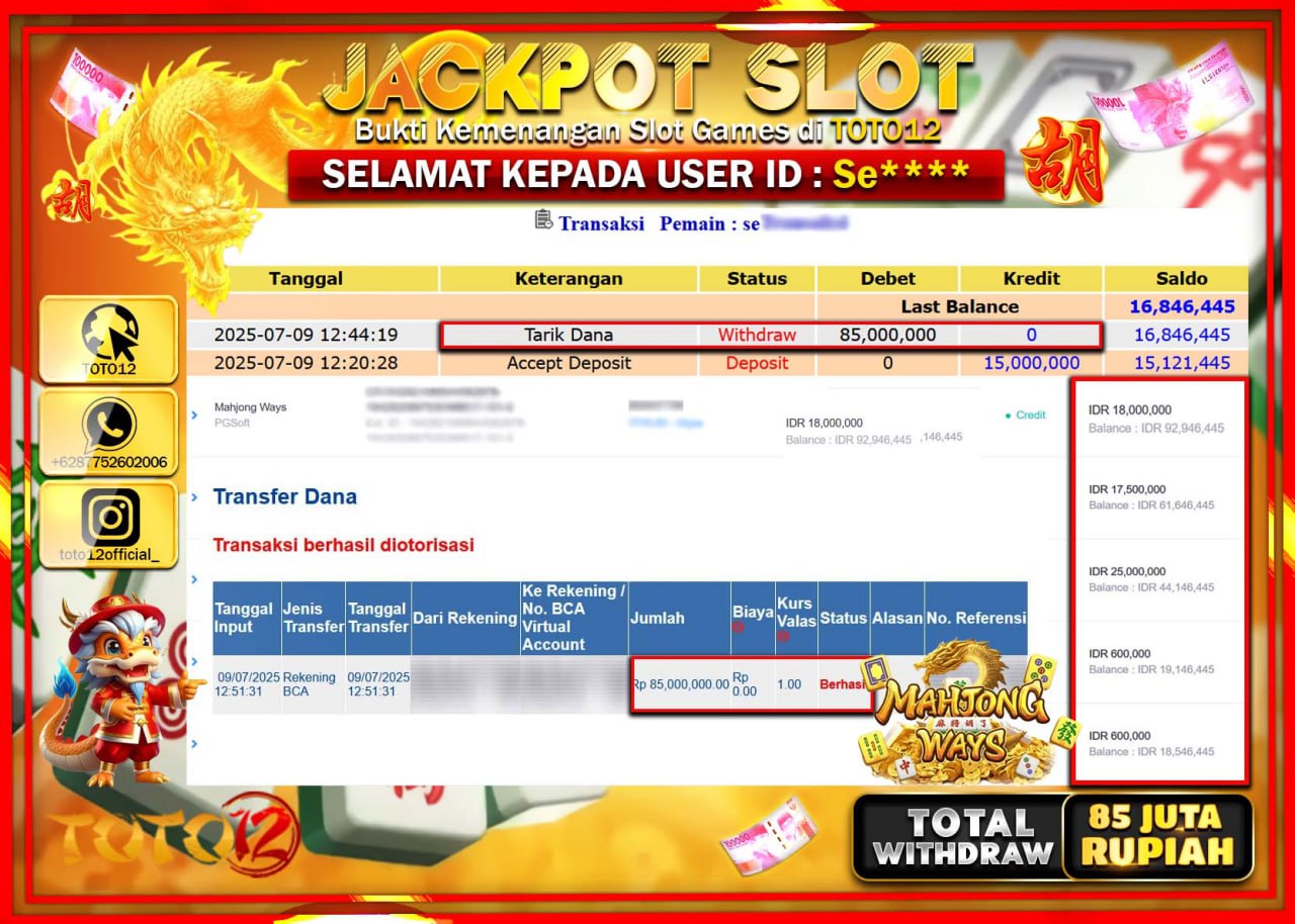 HANYA DI TOTO12 JP PASTI DI BAYAR LUNAS DAN CEPAT!!!!!! JACKPOT SLOT GAME (MAHJONG WAYS) Rp.85.000.000 !!!!