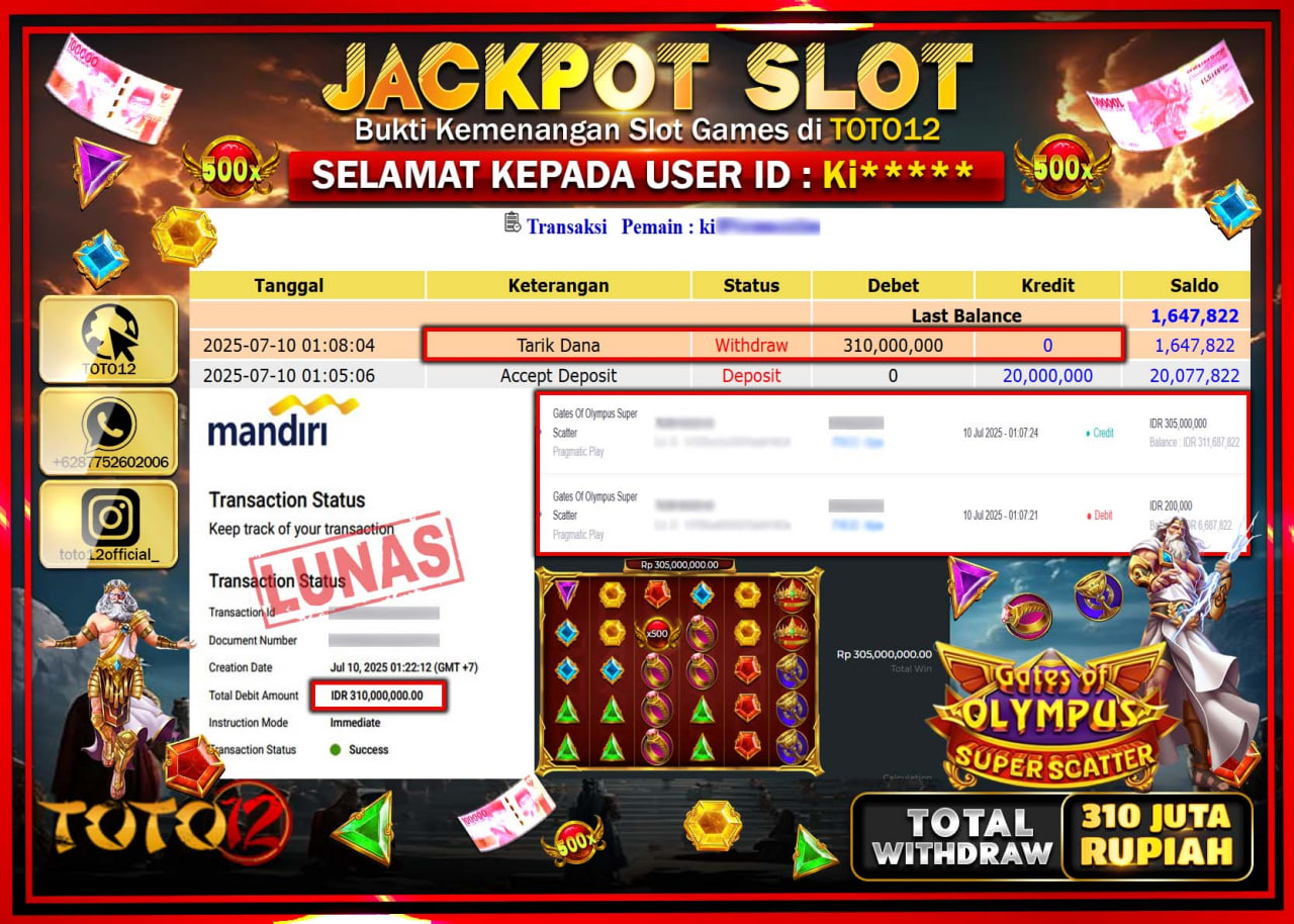 HANYA DI TOTO12 JP PASTI DI BAYAR LUNAS DAN CEPAT!!!!!! JACKPOT SLOT GAME (GATES OF OLYMPUS SUPER SCATTER) Rp.310.000.000 !!!!