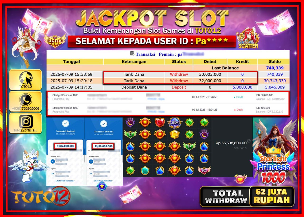 HANYA DI TOTO12 JP PASTI DI BAYAR LUNAS DAN CEPAT!!!!!! JACKPOT SLOT GAME (STARLIGHT PRINCESS 1000) Rp.62.000.000 !!!!
