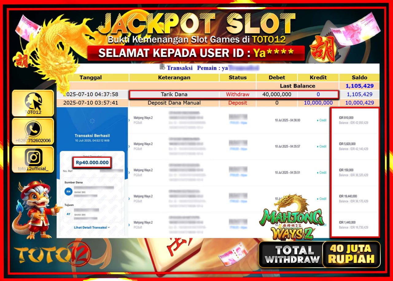 HANYA DI TOTO12 JP PASTI DI BAYAR LUNAS DAN CEPAT!!!!!! JACKPOT SLOT GAME (MAHJONG WAYS 2) Rp.40.000.000 !!!!