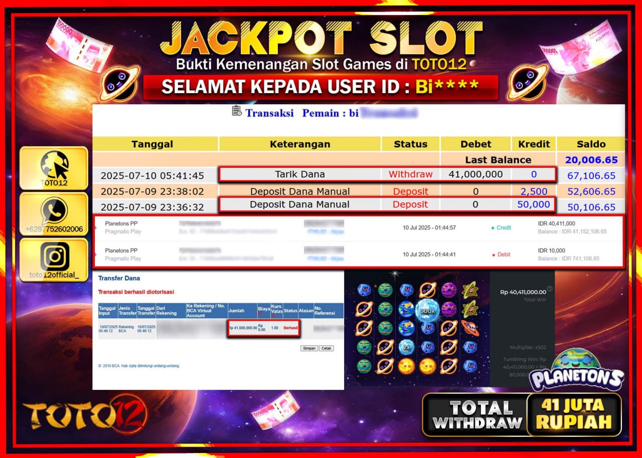 HANYA DI TOTO12 JP PASTI DI BAYAR LUNAS DAN CEPAT!!!!!! JACKPOT PRAGMATIC PLAY LIVE CASINO (PLANETONS) Rp.41.000.000 !!!!