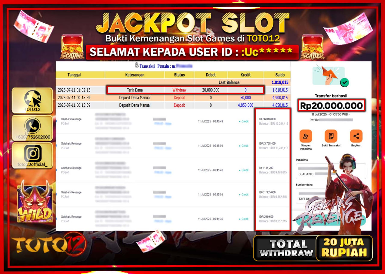 HANYA DI TOTO12 JP PASTI DI BAYAR LUNAS DAN CEPAT!!!!!! JACKPOT SLOT GAME (GEISHAS REVENGE) Rp.20.000.000 !!!!