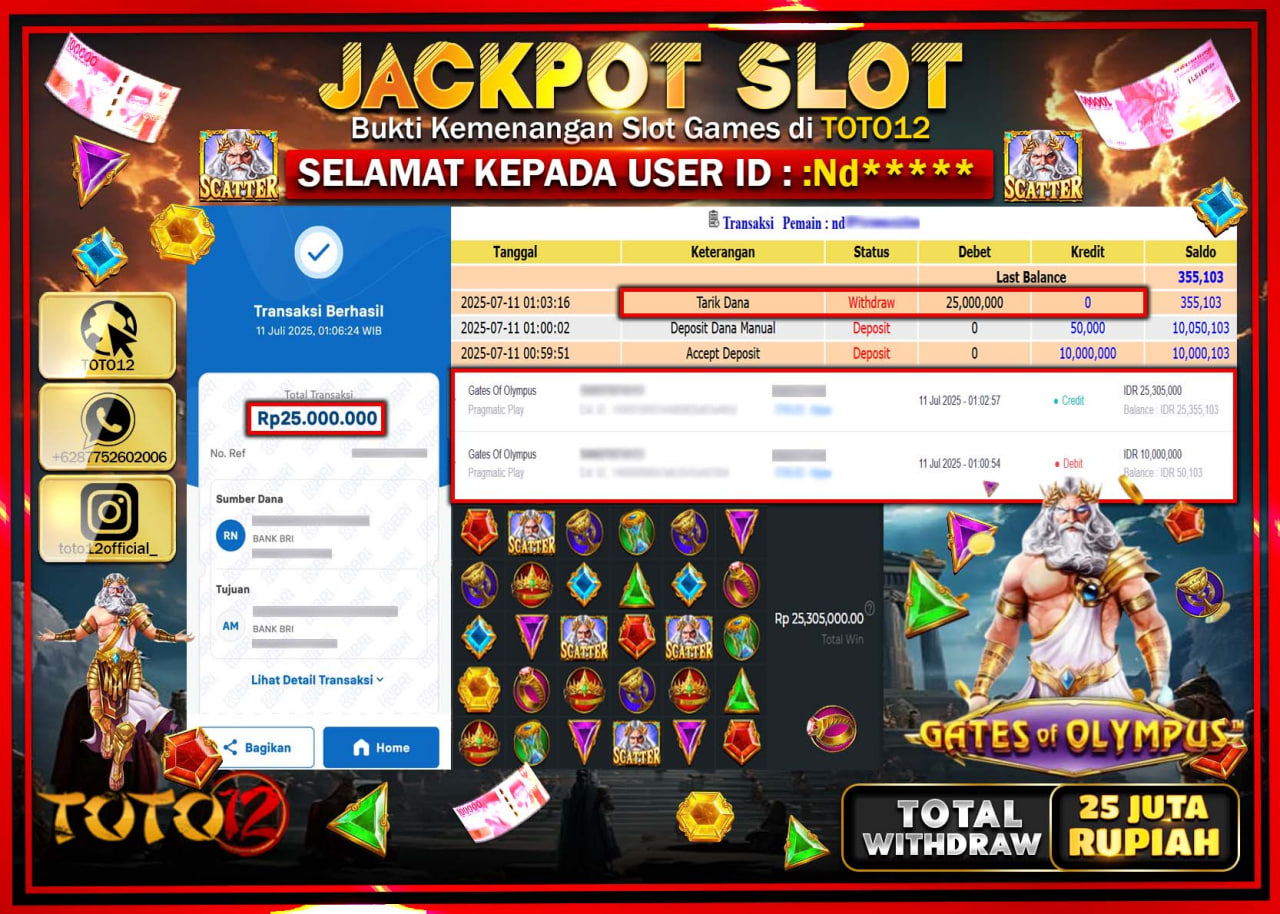 HANYA DI TOTO12 JP PASTI DI BAYAR LUNAS DAN CEPAT!!!!!! JACKPOT SLOT GAME (GATES OF OLYMPUS) Rp.25.000.000 !!!!