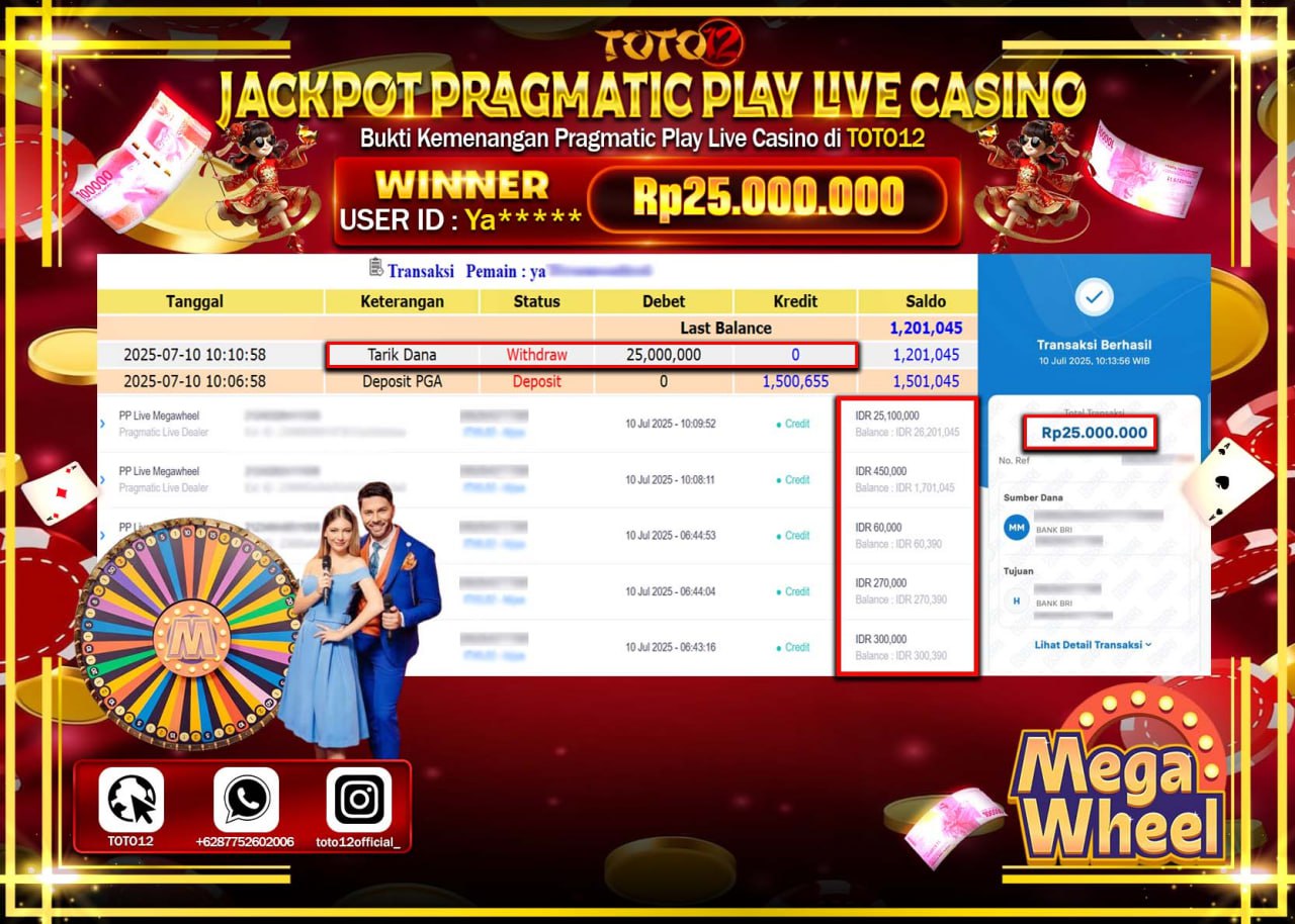 HANYA DI TOTO12 JP PASTI DI BAYAR LUNAS DAN CEPAT!!!!!! JACKPOT PRAGMATIC PLAY LIVE CASINO (MEGA WHEEL) Rp.25.000.000 !!!!