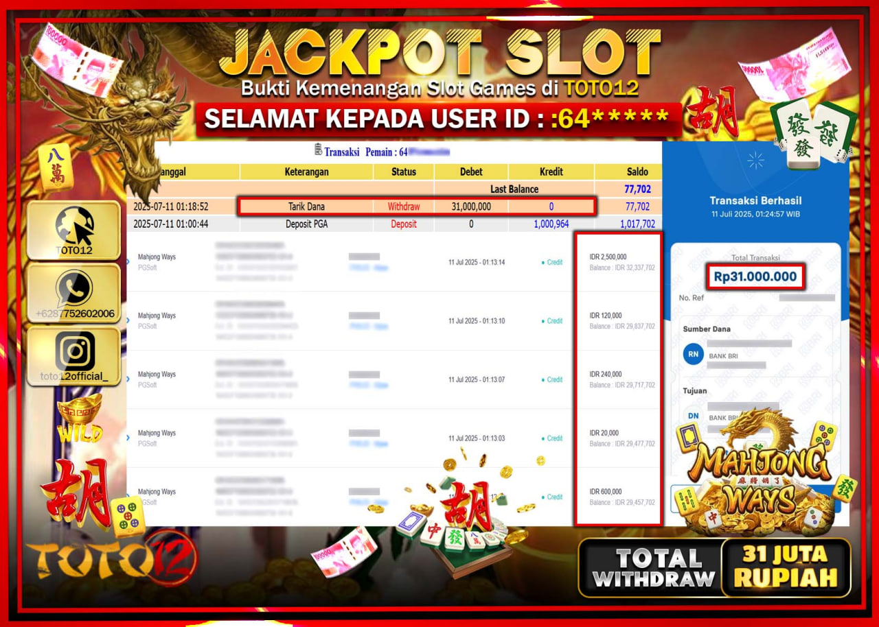 HANYA DI TOTO12 JP PASTI DI BAYAR LUNAS DAN CEPAT!!!!!! JACKPOT SLOT GAME (MAHJONG WAYS) Rp.31.000.000 !!!!
