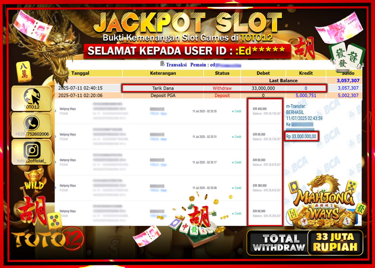 HANYA DI TOTO12 JP PASTI DI BAYAR LUNAS DAN CEPAT!!!!!! JACKPOT SLOT GAME (MAHJONG WAYS) Rp.33.000.000 !!!!