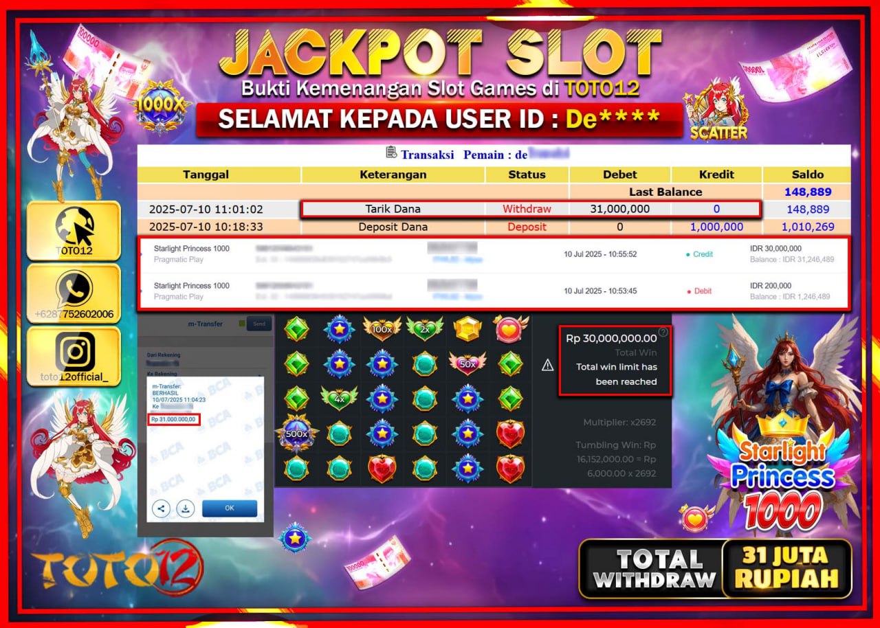 HANYA DI TOTO12 JP PASTI DI BAYAR LUNAS DAN CEPAT!!!!!! JACKPOT SLOT GAME (STARLIGHT PRINCESS 1000) Rp.31.000.000 !!!!