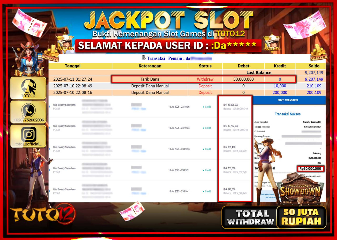 HANYA DI TOTO12 JP PASTI DI BAYAR LUNAS DAN CEPAT!!!!!! JACKPOT SLOT GAME (WILD BOUNTY SHOWDOWN) Rp.50.000.000 !!!!