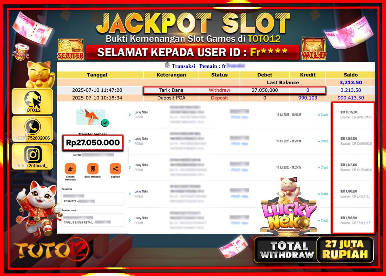 HANYA DI TOTO12 JP PASTI DI BAYAR LUNAS DAN CEPAT!!!!!! JACKPOT SLOT GAME (LUCKY NEKO) Rp.27.000.000 !!!!