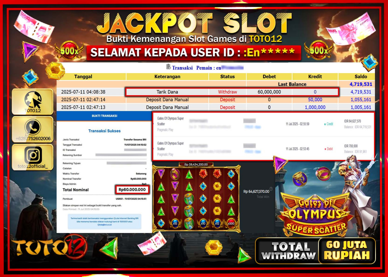 HANYA DI TOTO12 JP PASTI DI BAYAR LUNAS DAN CEPAT!!!!!! JACKPOT SLOT GAME (GATES OF OLYMPUS SUPER SCATTER) Rp.60.000.000 !!!!