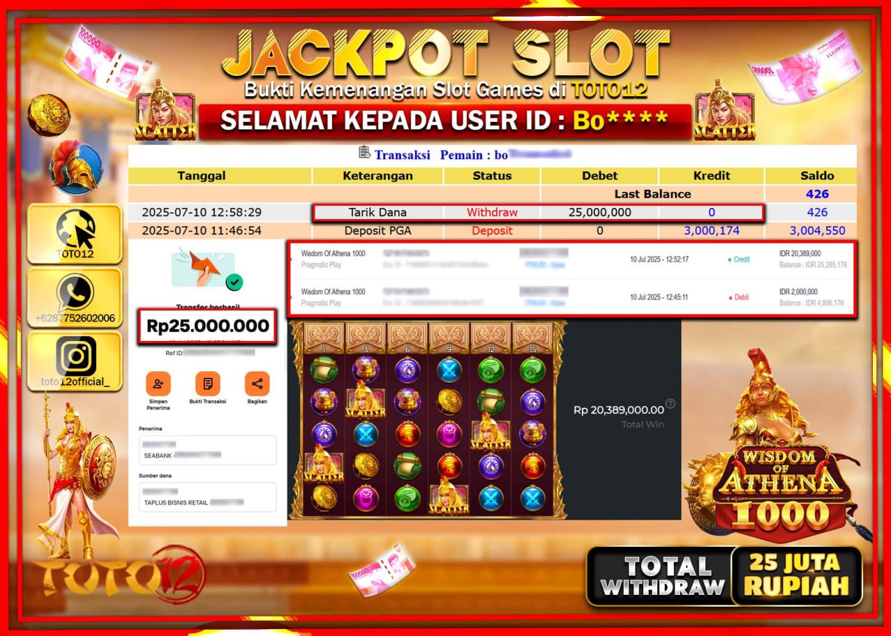 HANYA DI TOTO12 JP PASTI DI BAYAR LUNAS DAN CEPAT!!!!!! JACKPOT SLOT GAME (WISDOM OF ATHENA 1000) Rp.25.000.000 !!!!