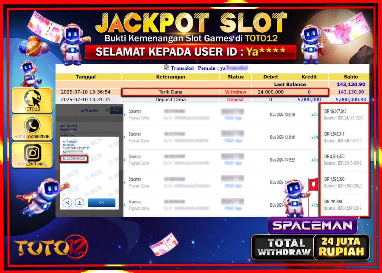 HANYA DI TOTO12 JP PASTI DI BAYAR LUNAS DAN CEPAT!!!!!! JACKPOT SLOT GAME (SPACEMAN) Rp.24.000.000 !!!!