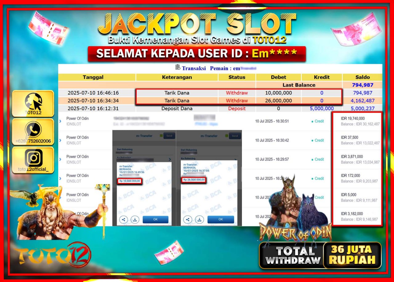 HANYA DI TOTO12 JP PASTI DI BAYAR LUNAS DAN CEPAT!!!!!! JACKPOT SLOT GAME (POWAR OF ODIN) Rp.36.000.000 !!!!