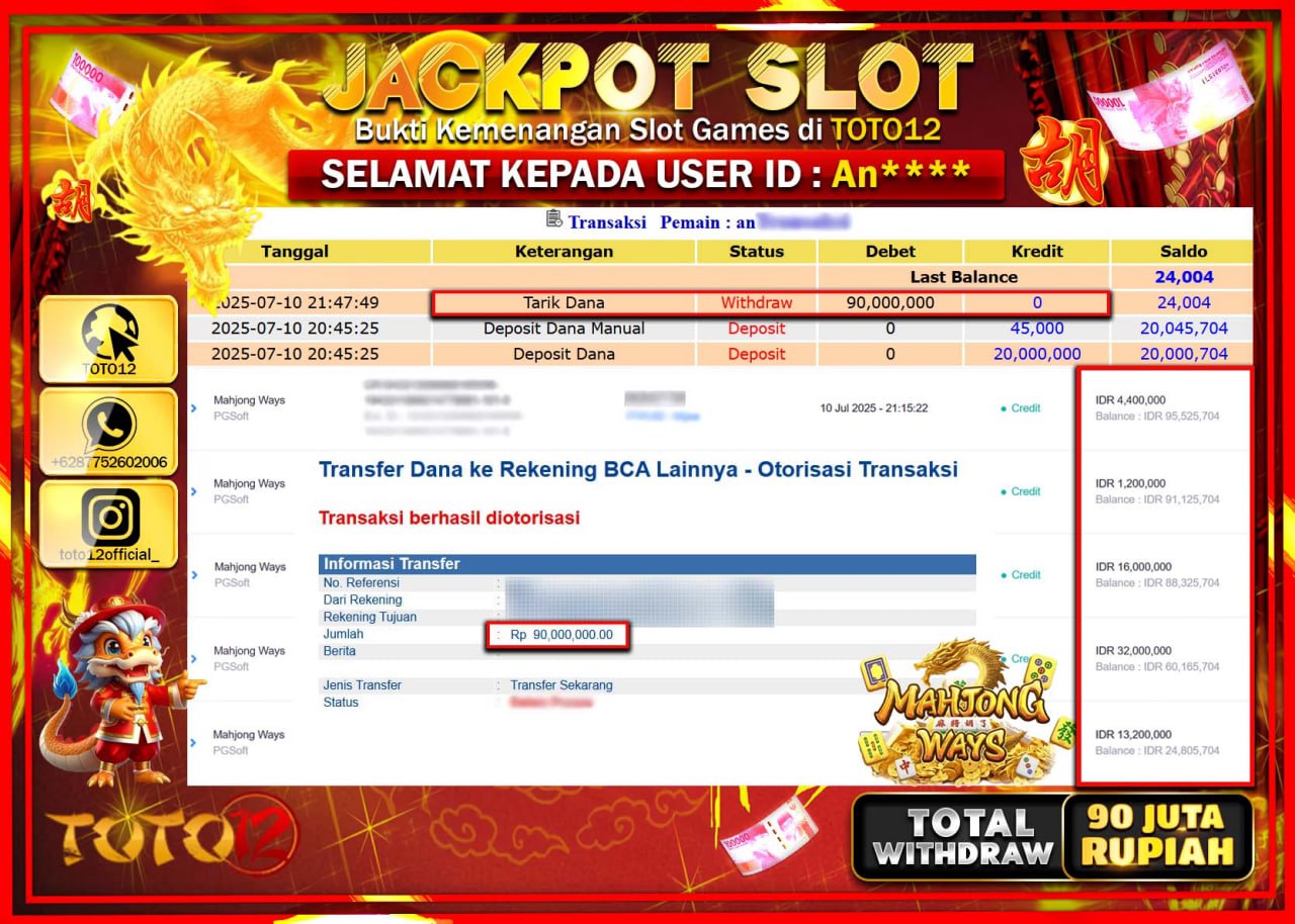HANYA DI TOTO12 JP PASTI DI BAYAR LUNAS DAN CEPAT!!!!!! JACKPOT SLOT GAME (MAHJONG WAYS) Rp.90.000.000 !!!!