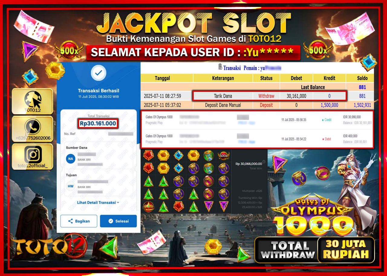 HANYA DI TOTO12 JP PASTI DI BAYAR LUNAS DAN CEPAT!!!!!! JACKPOT SLOT GAME (GATES OF OLYMPUS 1000) Rp.30.000.000 !!!!