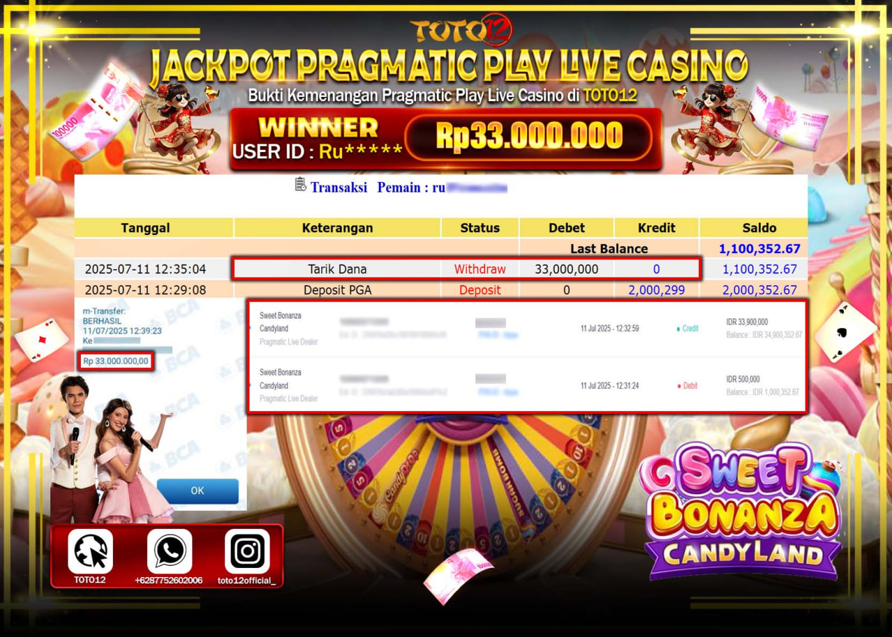 HANYA DI TOTO12 JP PASTI DI BAYAR LUNAS DAN CEPAT!!!!!! JACKPOT PRAGMATIC PLAY LIVE CASINO (SWEET BONANZA CANDYLAND) Rp.33.000.000 !!!!