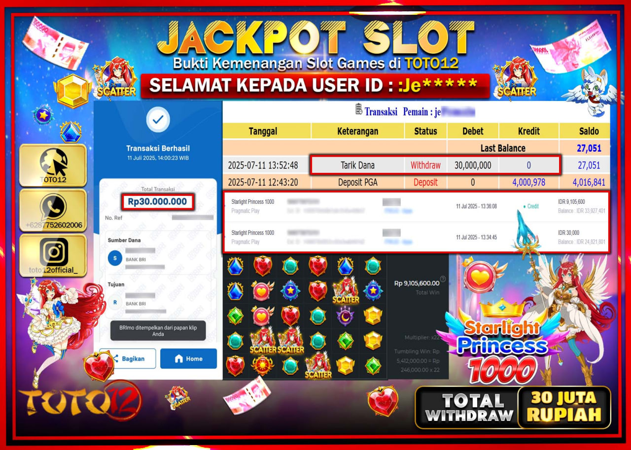 HANYA DI TOTO12 JP PASTI DI BAYAR LUNAS DAN CEPAT!!!!!! JACKPOT SLOT GAME (STARLIGHT PRINCESS 1000) Rp.30.000.000 !!!!