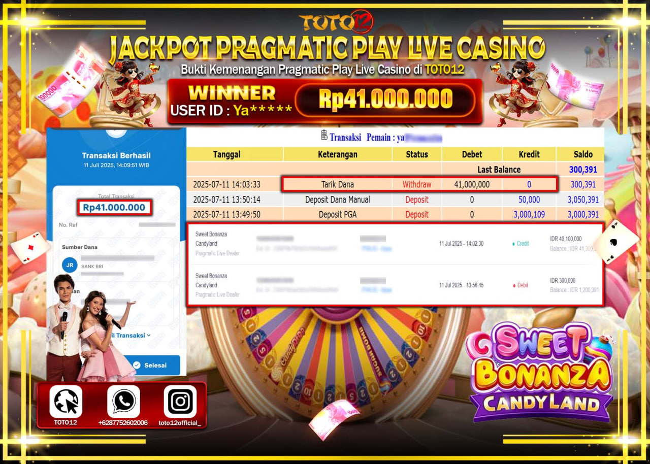 HANYA DI TOTO12 JP PASTI DI BAYAR LUNAS DAN CEPAT!!!!!! JACKPOT PRAGMATIC PLAY LIVE CASINO (SWEET BONANZA CANDYLAND) Rp.41.000.000 !!!!