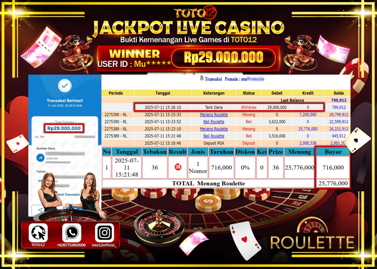 HANYA DI TOTO12 JP PASTI DI BAYAR LUNAS DAN CEPAT!!!!!! JACKPOT LIVE GAMES CASINO(ROULETTE) Rp.29.000.000 !!!!