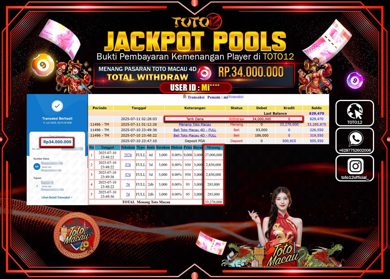 HANYA DI TOTO12 JP PASTI DI BAYAR LUNAS DAN CEPAT!!!!!! JACKPOT POOLS PASARAN (MACAU4D) Rp.34.000.000 !!!!