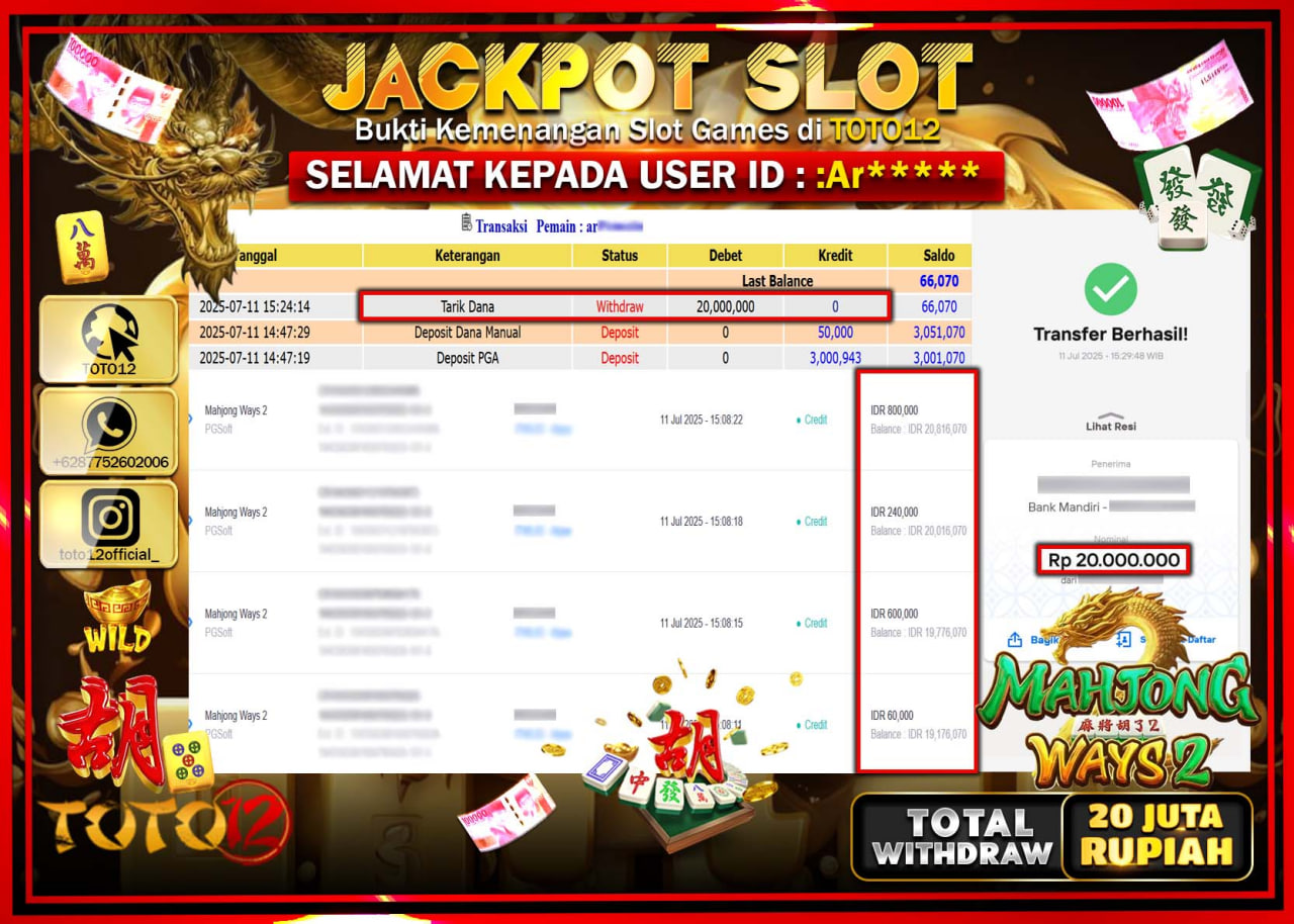 HANYA DI TOTO12 JP PASTI DI BAYAR LUNAS DAN CEPAT!!!!!! JACKPOT SLOT GAME (MAHJONG WAYS 2) Rp.20.000.000 !!!!