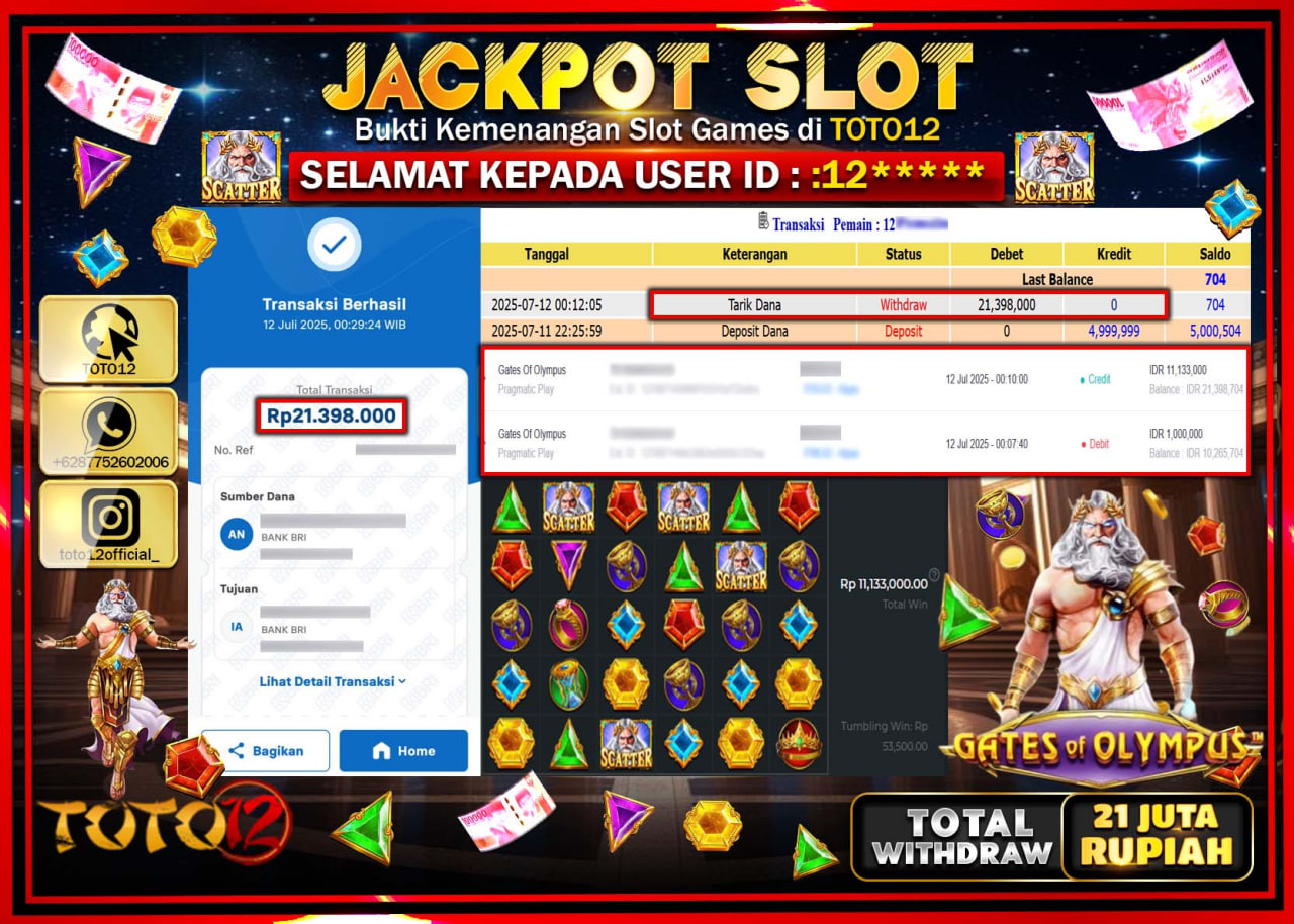 HANYA DI TOTO12 JP PASTI DI BAYAR LUNAS DAN CEPAT!!!!!! JACKPOT SLOT GAME (GATES OF OLYMPUS) Rp.21.000.000 !!!!