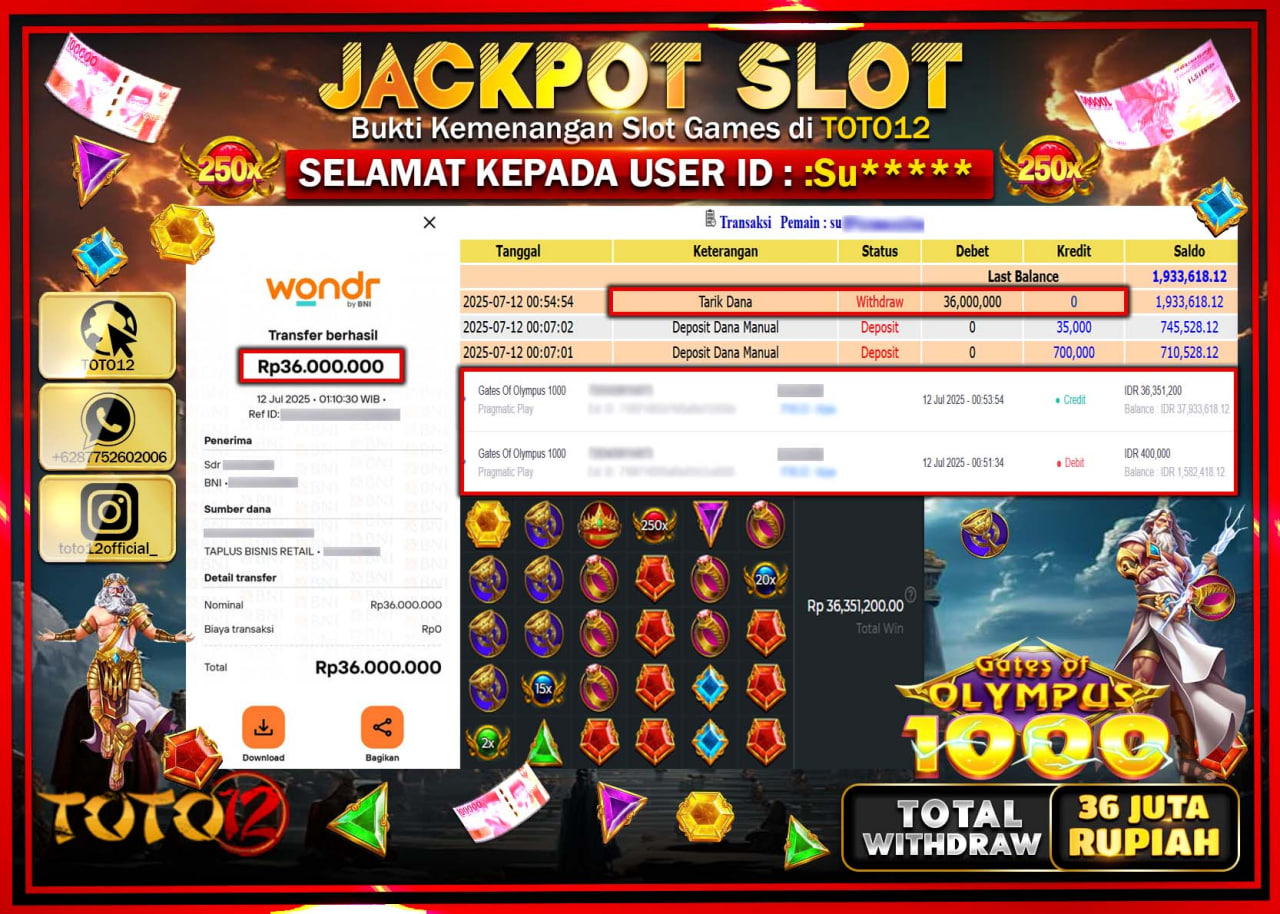 HANYA DI TOTO12 JP PASTI DI BAYAR LUNAS DAN CEPAT!!!!!! JACKPOT SLOT GAME (GATES OF OLYMPUS 1000) Rp.36.000.000 !!!!