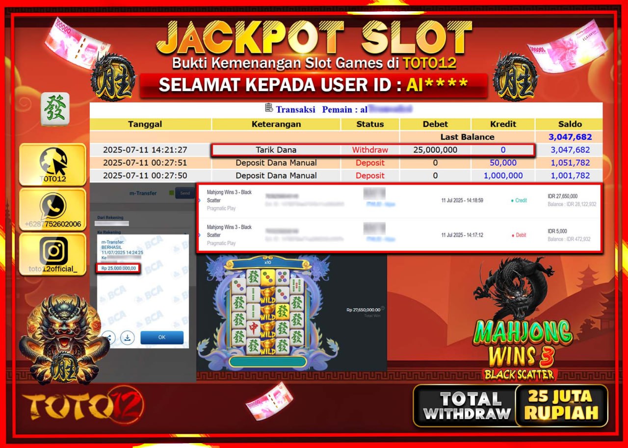 HANYA DI TOTO12 JP PASTI DI BAYAR LUNAS DAN CEPAT!!!!!! JACKPOT SLOT GAME (MAHJONG WINS 3 BLACK SCATTER) Rp.25.000.000 !!!!