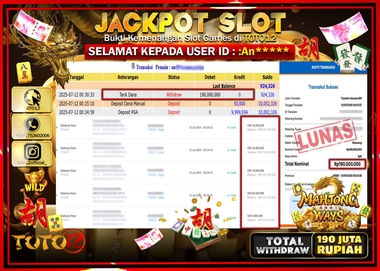 HANYA DI TOTO12 JP PASTI DI BAYAR LUNAS DAN CEPAT!!!!!! JACKPOT SLOT GAME (MAHJONG WAYS) Rp.190.000.000 !!!!