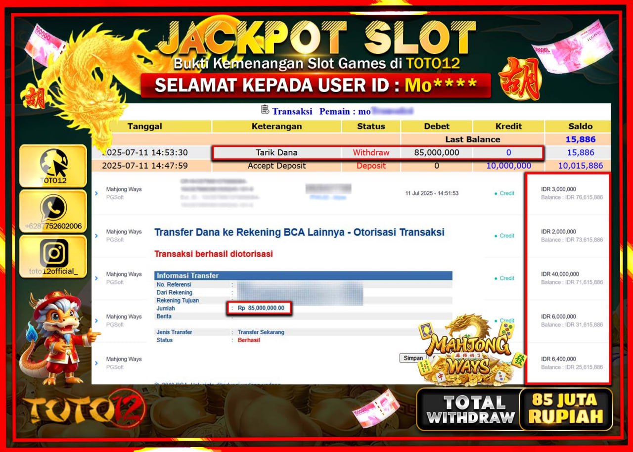 HANYA DI TOTO12 JP PASTI DI BAYAR LUNAS DAN CEPAT!!!!!! JACKPOT SLOT GAME (MAHJONG WAYS) Rp.85.000.000 !!!!