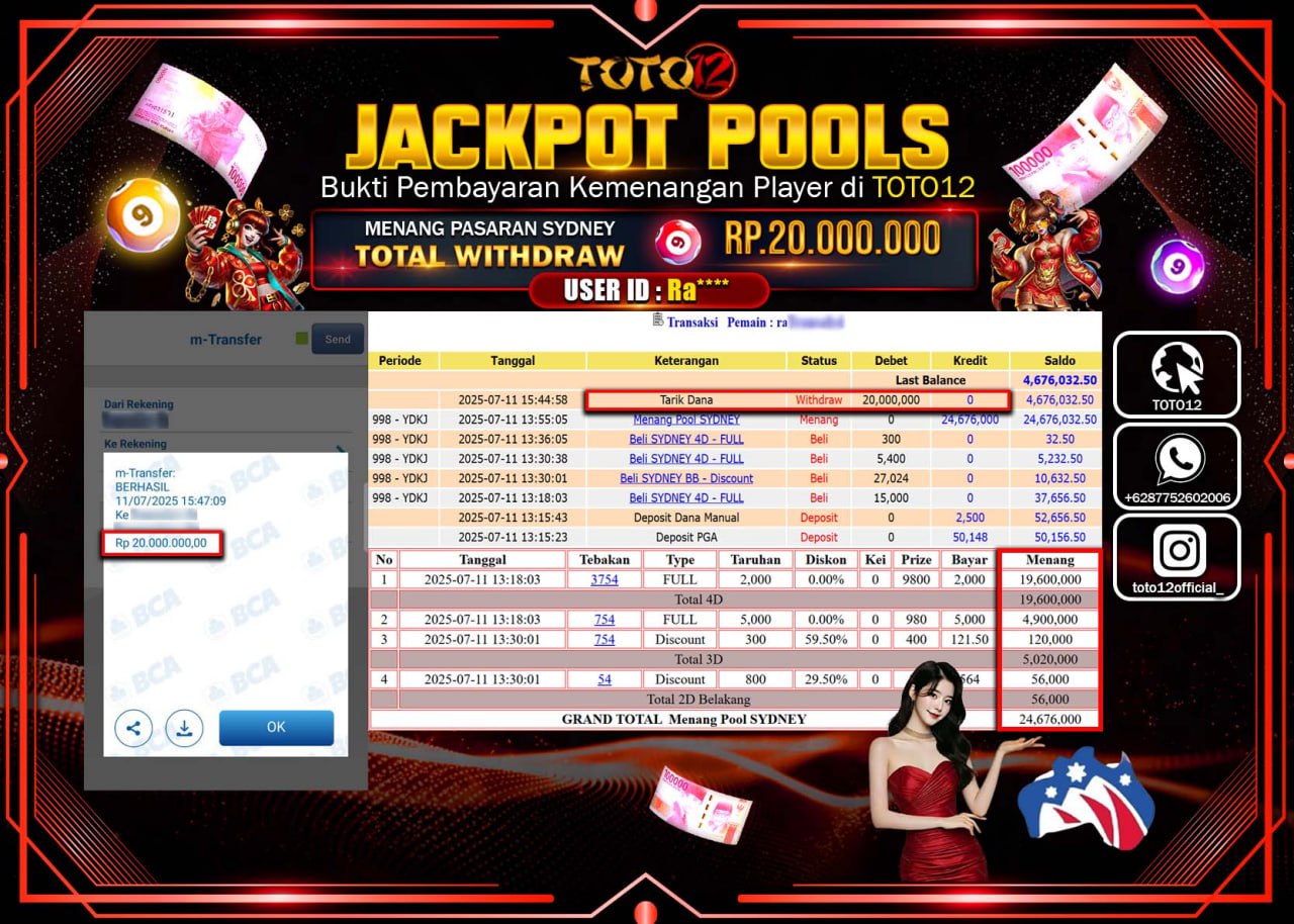 HANYA DI TOTO12 JP PASTI DI BAYAR LUNAS DAN CEPAT!!!!!! JACKPOT POOLS PASARAN (SYDNEY) Rp.20.000.000 !!!!