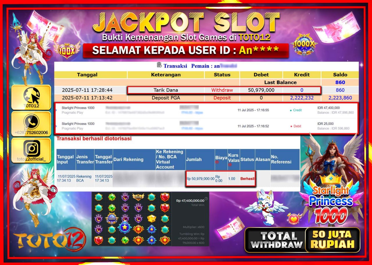 HANYA DI TOTO12 JP PASTI DI BAYAR LUNAS DAN CEPAT!!!!!! JACKPOT SLOT GAME (STARLIGHT PRINCESS 1000) Rp.50.000.000 !!!!