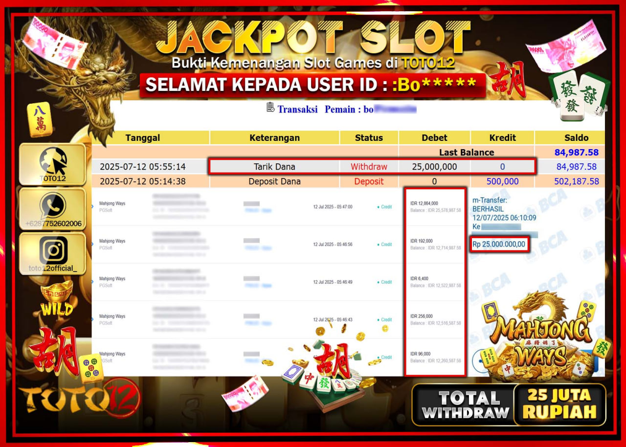 HANYA DI TOTO12 JP PASTI DI BAYAR LUNAS DAN CEPAT!!!!!! JACKPOT SLOT GAME (MAHJONG WAYS) Rp.25.000.000 !!!!