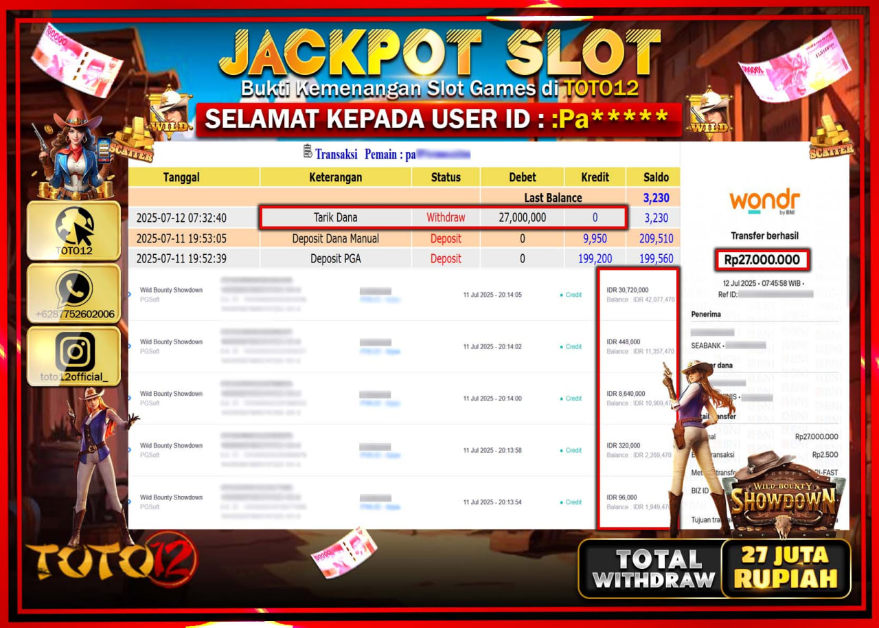 HANYA DI TOTO12 JP PASTI DI BAYAR LUNAS DAN CEPAT!!!!!! JACKPOT SLOT GAME (WILD BOUNTY SHOWDOWN) Rp.27.000.000 !!!!