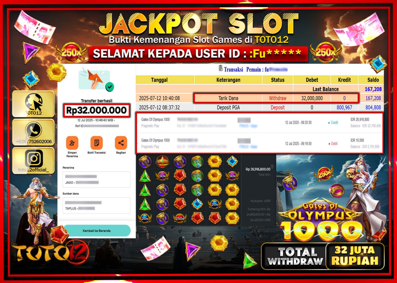 HANYA DI TOTO12 JP PASTI DI BAYAR LUNAS DAN CEPAT!!!!!! JACKPOT SLOT GAME (GATES OF OLYMPUS 1000) Rp.32.000.000 !!!!