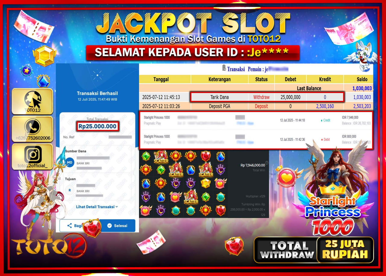 HANYA DI TOTO12 JP PASTI DI BAYAR LUNAS DAN CEPAT!!!!!! JACKPOT SLOT GAME (STARLIGHT PRINCESS 1000) Rp.25.000.000 !!!!