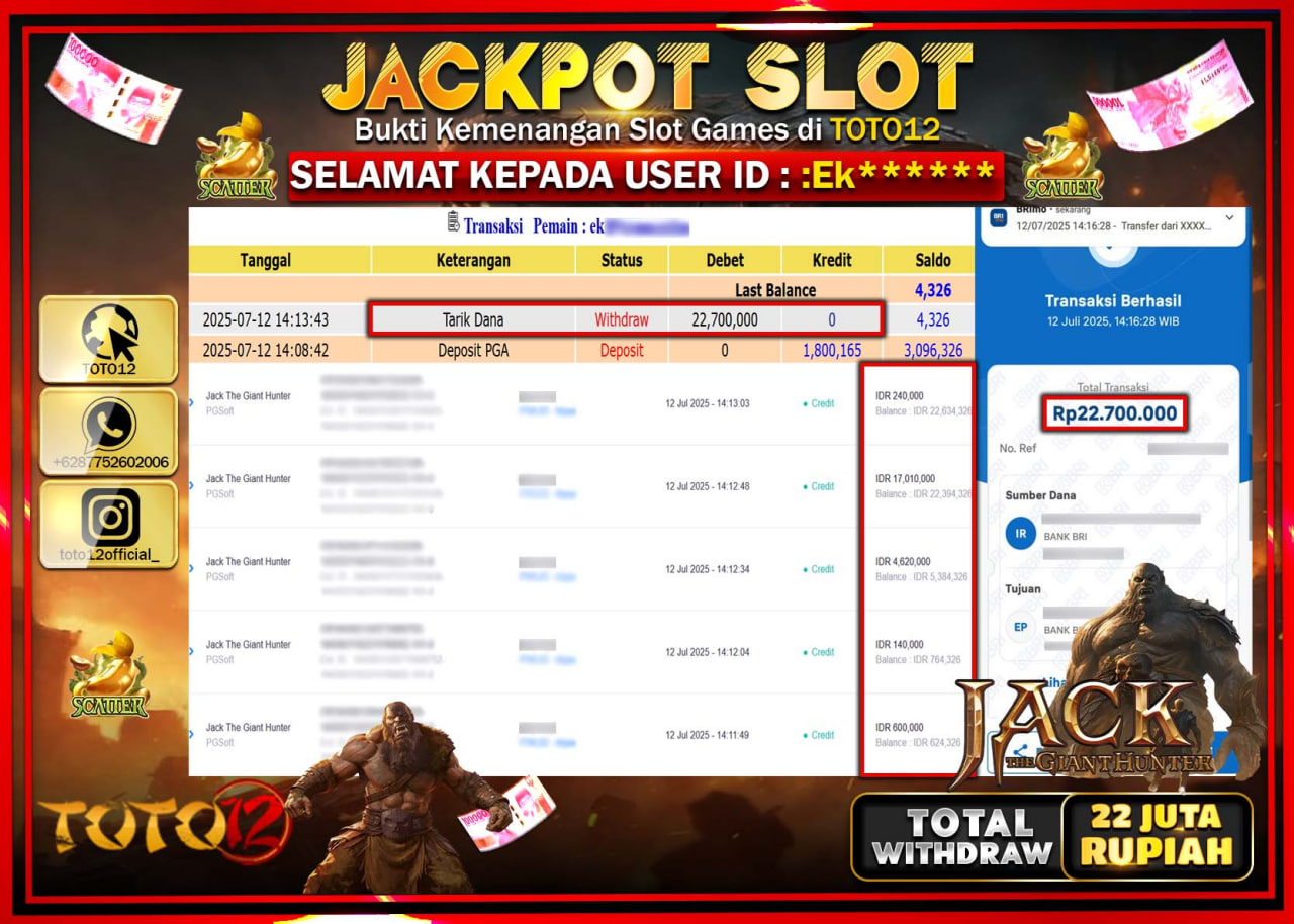 HANYA DI TOTO12 JP PASTI DI BAYAR LUNAS DAN CEPAT!!!!!! JACKPOT SLOT GAME (JACK THE GLANT HUNTER) Rp.22.000.000 !!!!