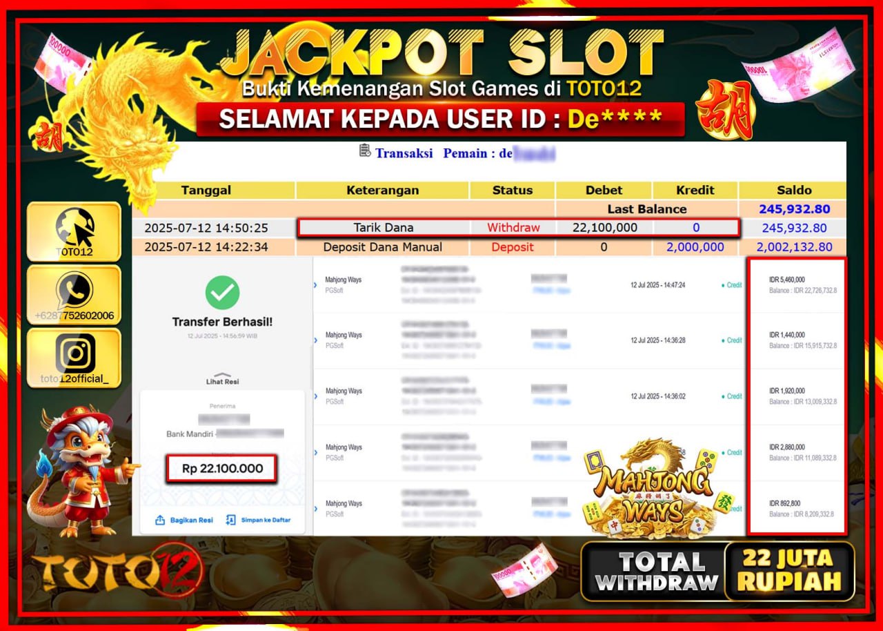 HANYA DI TOTO12 JP PASTI DI BAYAR LUNAS DAN CEPAT!!!!!! JACKPOT SLOT GAME (MAHJONG WAYS) Rp.22.000.000 !!!!