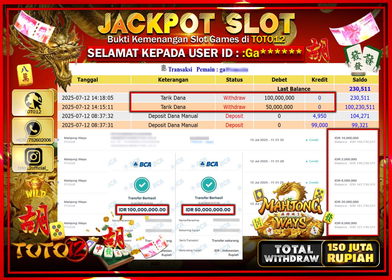 HANYA DI TOTO12 JP PASTI DI BAYAR LUNAS DAN CEPAT!!!!!! JACKPOT SLOT GAME (MAHJONG WAYS) Rp.150.000.000 !!!!