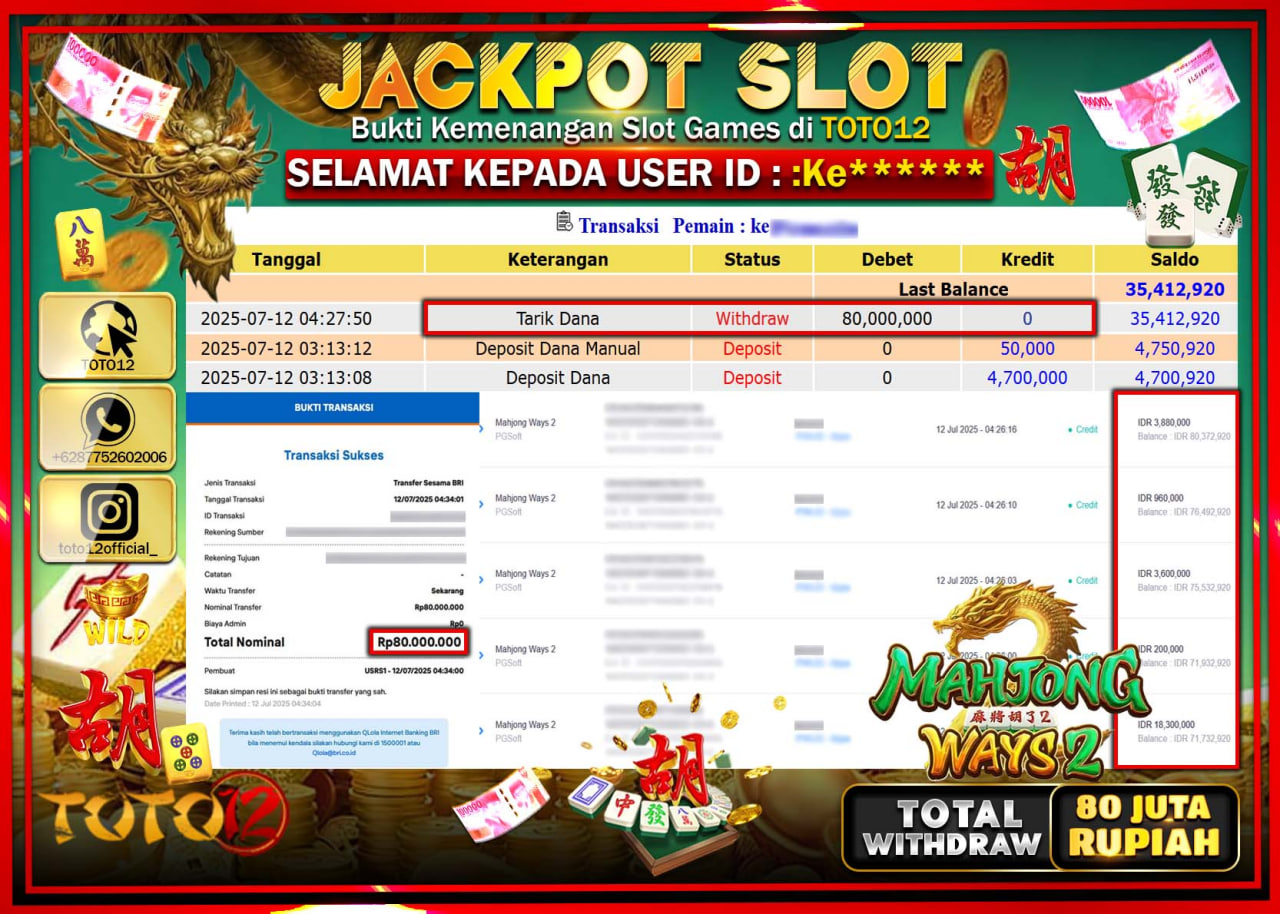 HANYA DI TOTO12 JP PASTI DI BAYAR LUNAS DAN CEPAT!!!!!! JACKPOT SLOT GAME (MAHJONG WAYS 2) Rp.80.000.000 !!!!