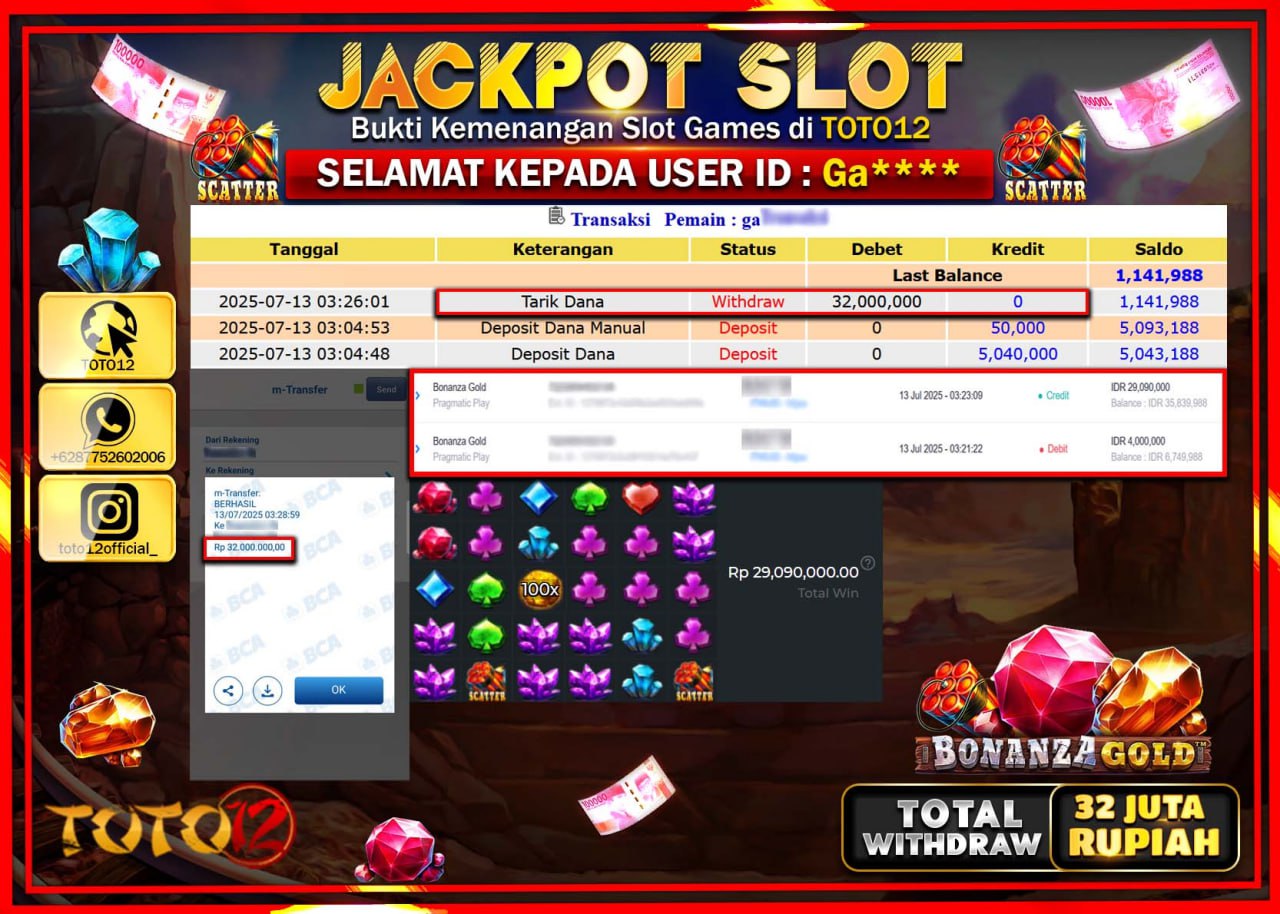 HANYA DI TOTO12 JP PASTI DI BAYAR LUNAS DAN CEPAT!!!!!! JACKPOT SLOT GAME (BONANZA GOLD) Rp.32.000.000 !!!!