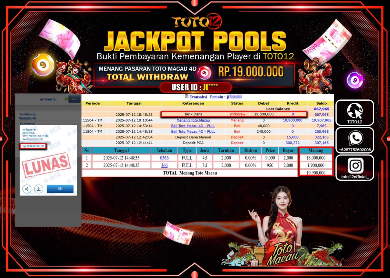 HANYA DI TOTO12 JP PASTI DI BAYAR LUNAS DAN CEPAT!!!!!! JACKPOT POOLS PASARAN(MACAU4D) Rp.19.000.000 !!!!
