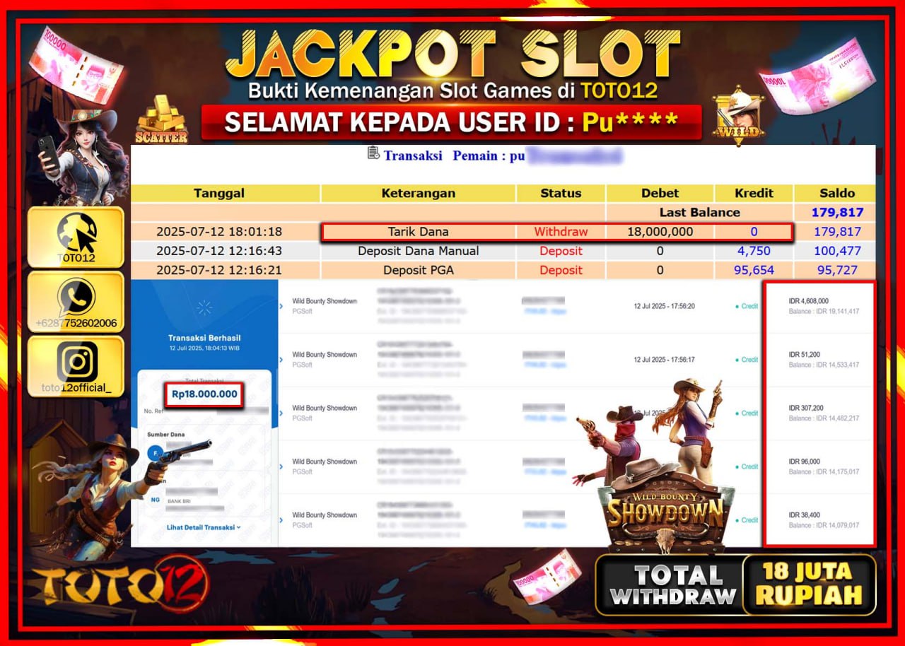 HANYA DI TOTO12 JP PASTI DI BAYAR LUNAS DAN CEPAT!!!!!! JACKPOT SLOT GAME (WILD BOUNTY SHOWDOWN) Rp.18.000.000 !!!!